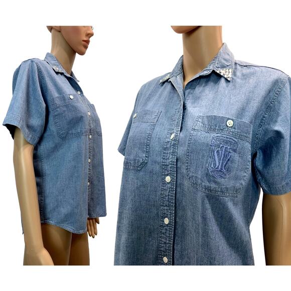 80s Sperry Top Sider Chambray Work Shirt w Rhinestone Collar Tips | XS - Picture 4 of 9